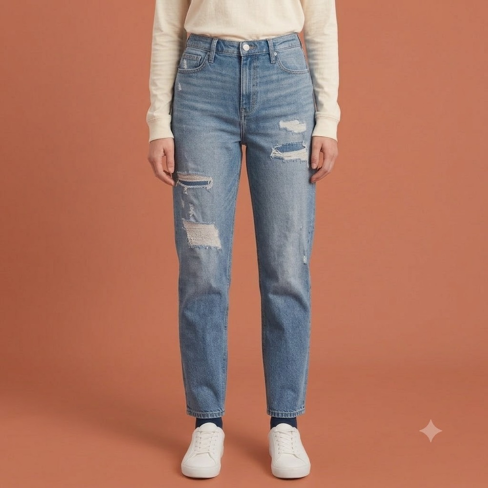 Hollister High-Rise Mom Jean Women's 13L W31 L29 Light Wash Distressed Stretch‎